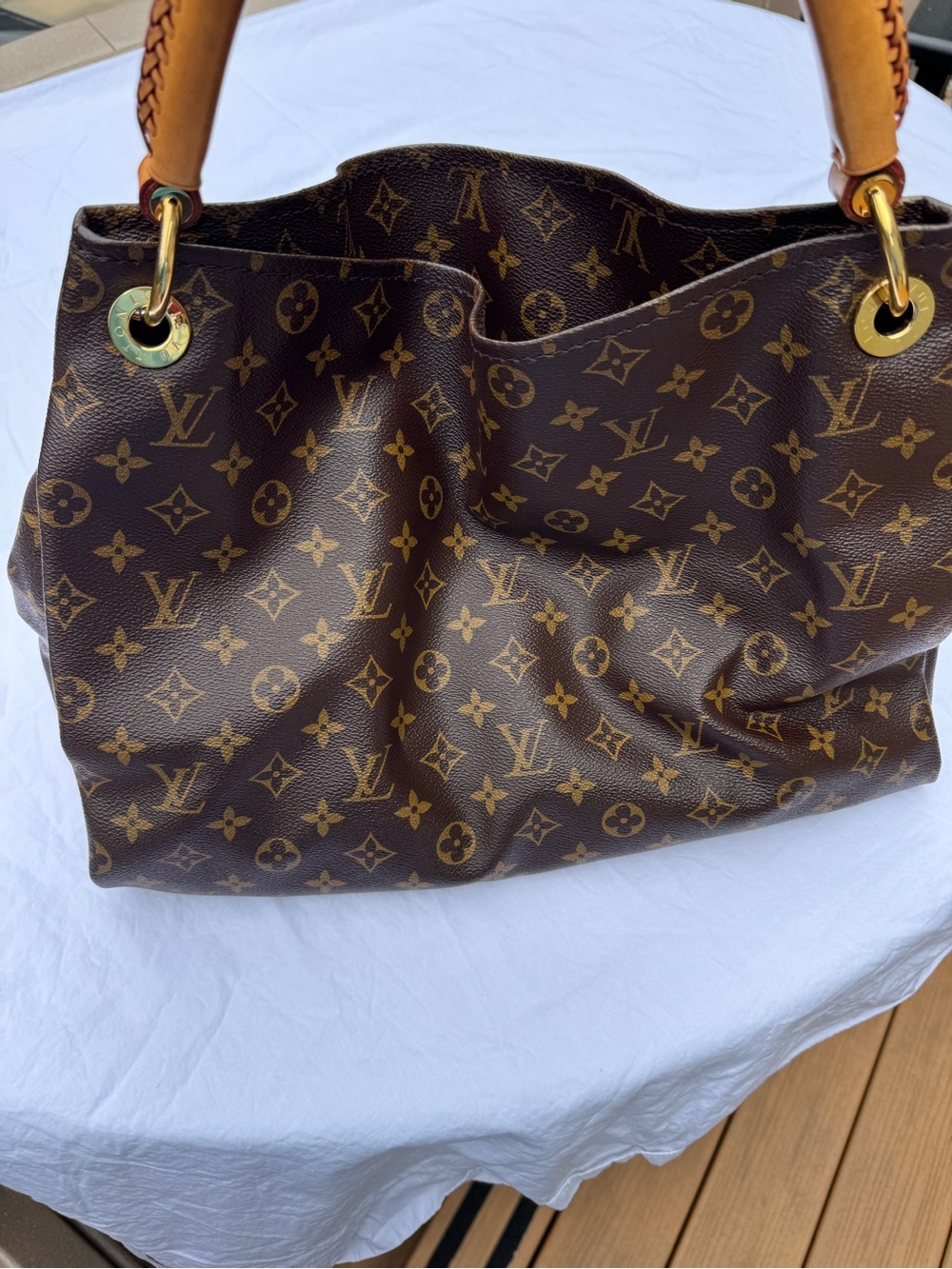Louis Vuitton Monogram Shoulder Bag in Brown and Tan with Gold-Tone Hardware